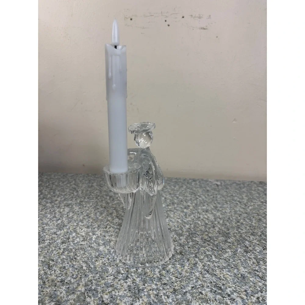 Unbranded Glass Angel Taper Candle Holder Clear Ribbed Praying Figurine 6.25in